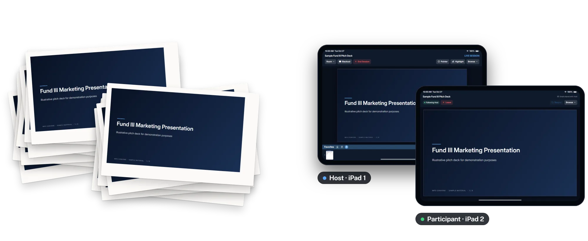 Move from piles of printed decks to a Host iPad and a Participant iPad showing the same cover page